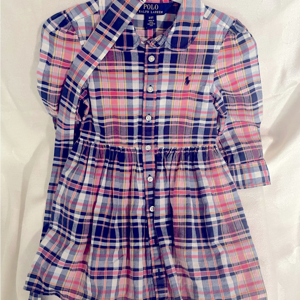 Polo Ralph Lauren girls pink and navy plaid dress with belt. Size 3T